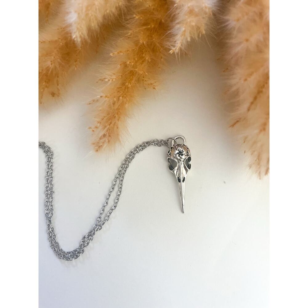 Steampunk Silver Bird Skull Charm Necklace